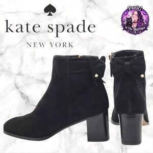 Kate Spade Marla Ankle Boots Womens 7.5B Black Suede Bow Block Heel Booties Chic